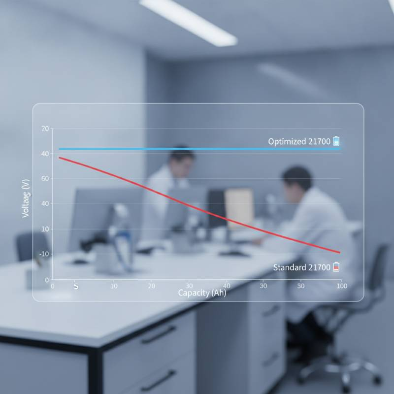 A digital graph showing a flat discharge curve for a 21700 battery compared to a sagging curve