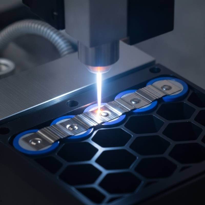 Close-up of laser spot welding on a 18650 battery pack with nickel strips