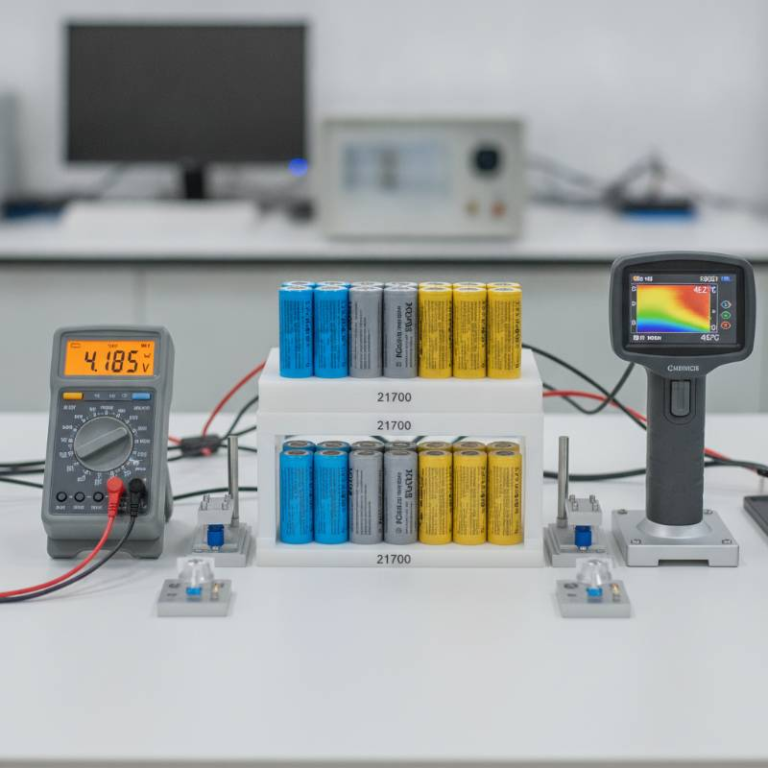 Professional 21700 battery cell comparison layout on a lab bench with digital multimeter and thermal camera