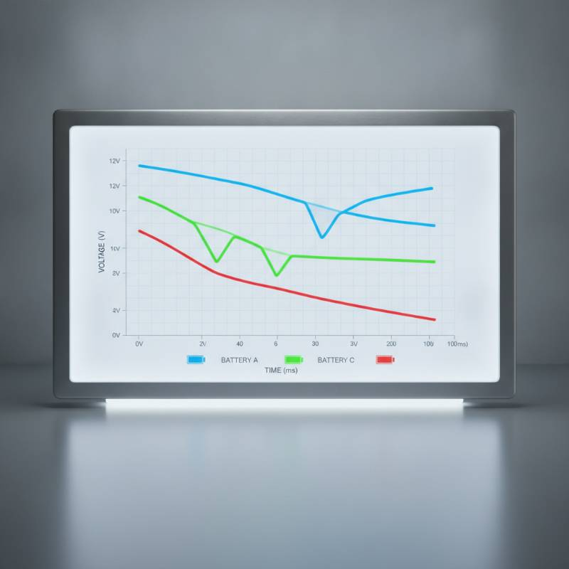 Technical voltage sag chart comparing three different battery discharge curves