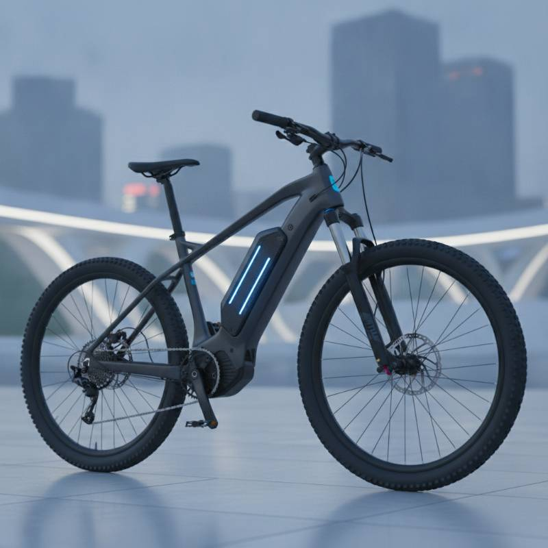A high-performance electric mountain bike featuring a custom battery pack