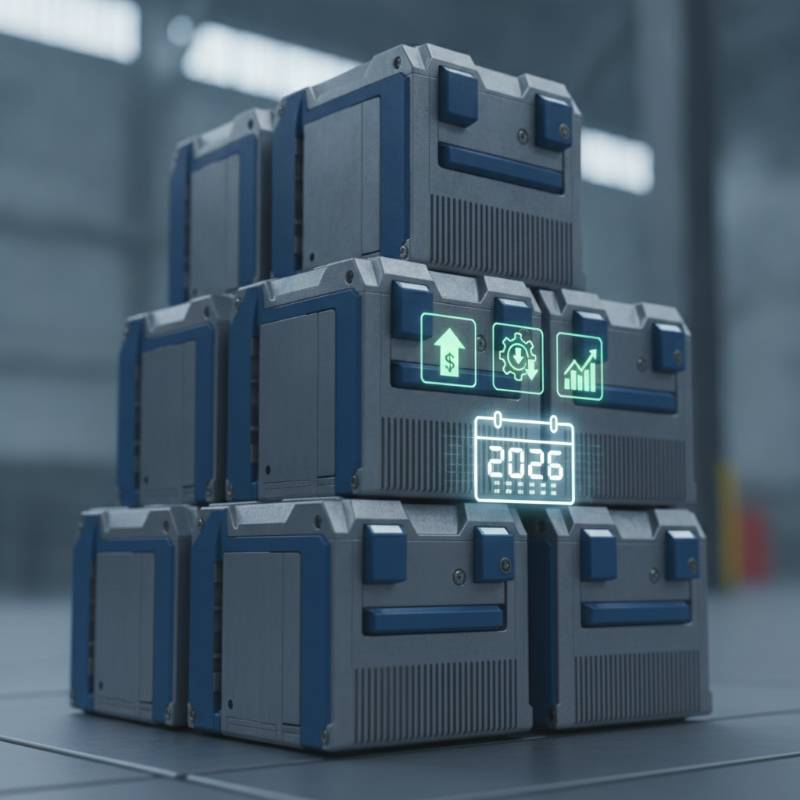 Stack of industrial battery packs with cost efficiency icons and 2026 calendar marker