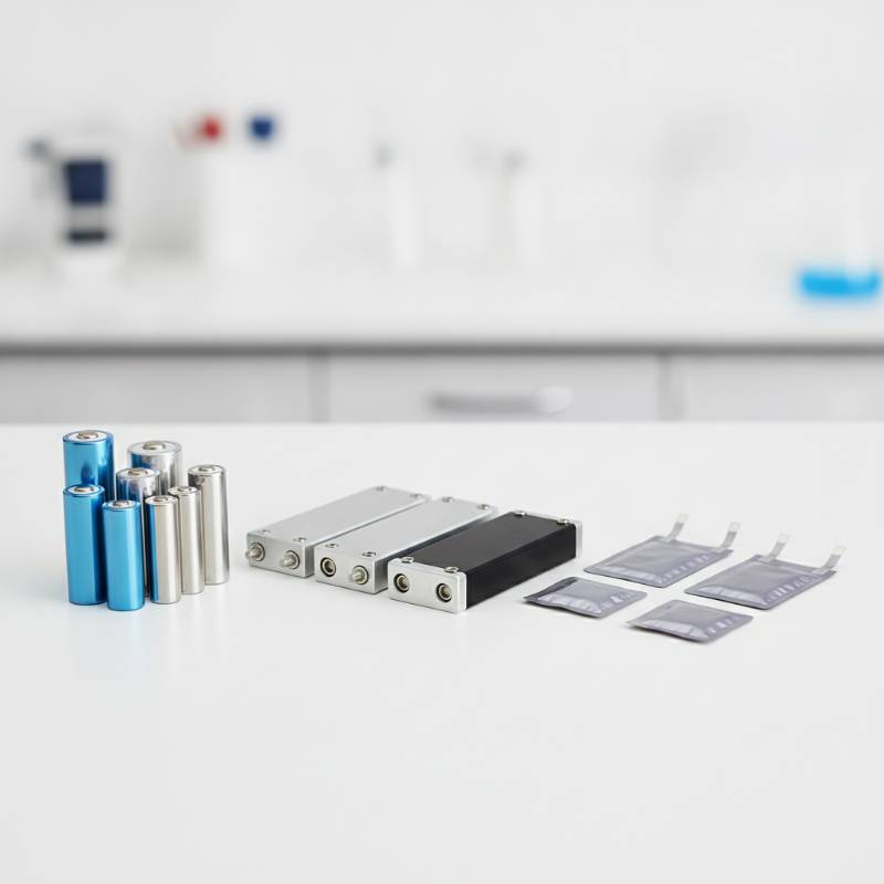 Comparison of cylindrical prismatic and polymer battery cells on a laboratory table