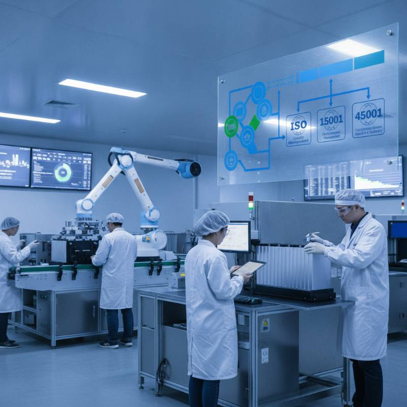 Battery manufacturing quality control process with ISO certification logos