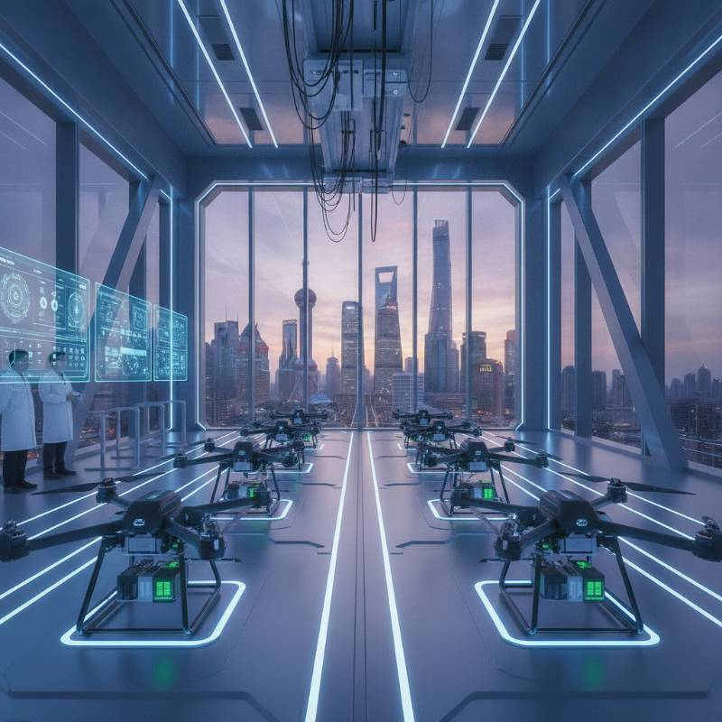 Drone fleet being charged at an industrial docking station