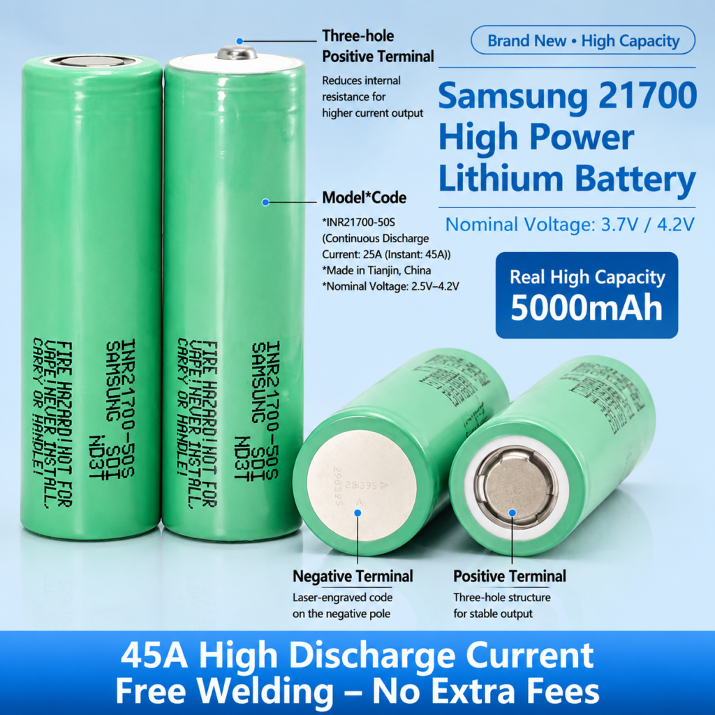 rofessional comparison of 21700 and 18650 lithium-ion cells on a white background with technical specs overlay.