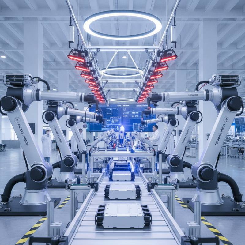 Industrial drone battery pack assembly line with automated robotic arms and quality control sensors