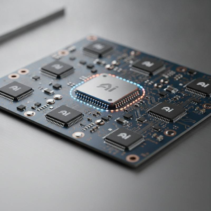 Close up of a smart battery management system circuit board with integrated AI chips and thermal sensors