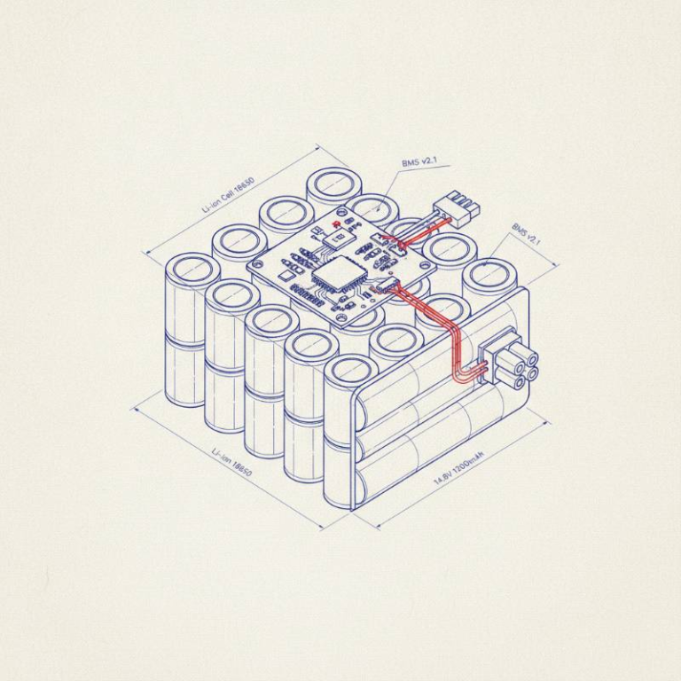 A technical drawing/blueprint of a custom drone battery pack showing internal cell arrangement and BMS location