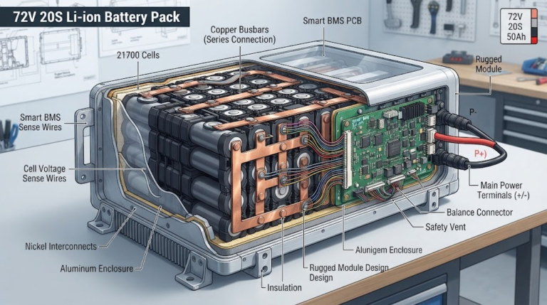A technical cutaway view of a professional 72V 20S lithium-ion battery pack with copper busbars and smart BMS wiring