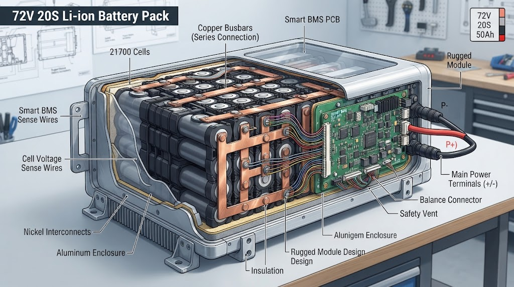 A technical cutaway view of a professional 72V 20S lithium-ion battery pack with copper busbars and smart BMS wiring