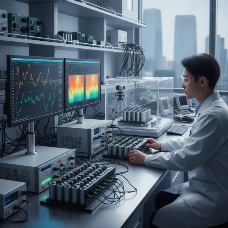 A laboratory setting with technical equipment testing lithium battery discharge curves and thermal output.