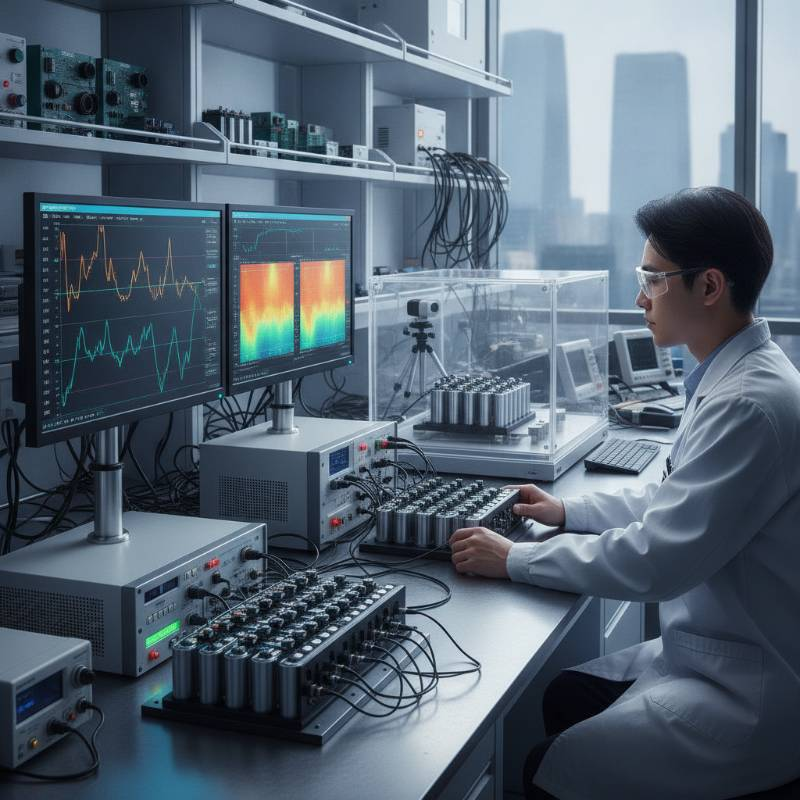 A laboratory setting with technical equipment testing lithium battery discharge curves and thermal output.