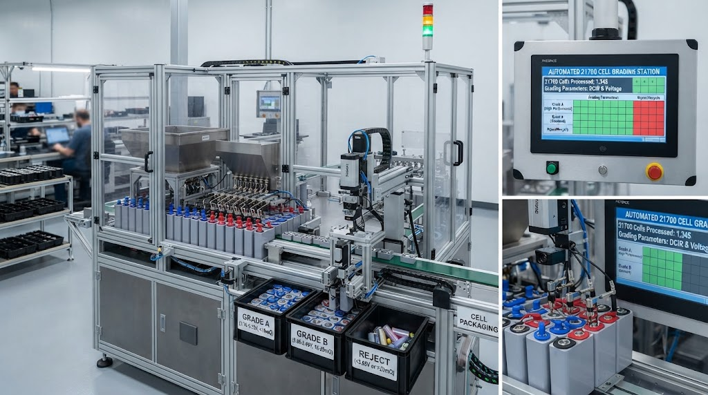 Automated industrial cell sorting machine grading 21700 lithium cells by internal resistance and voltage