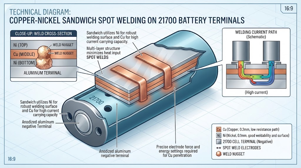 Technical diagram illustrating copper nickel sandwich spot welding technique on 21700 battery terminals