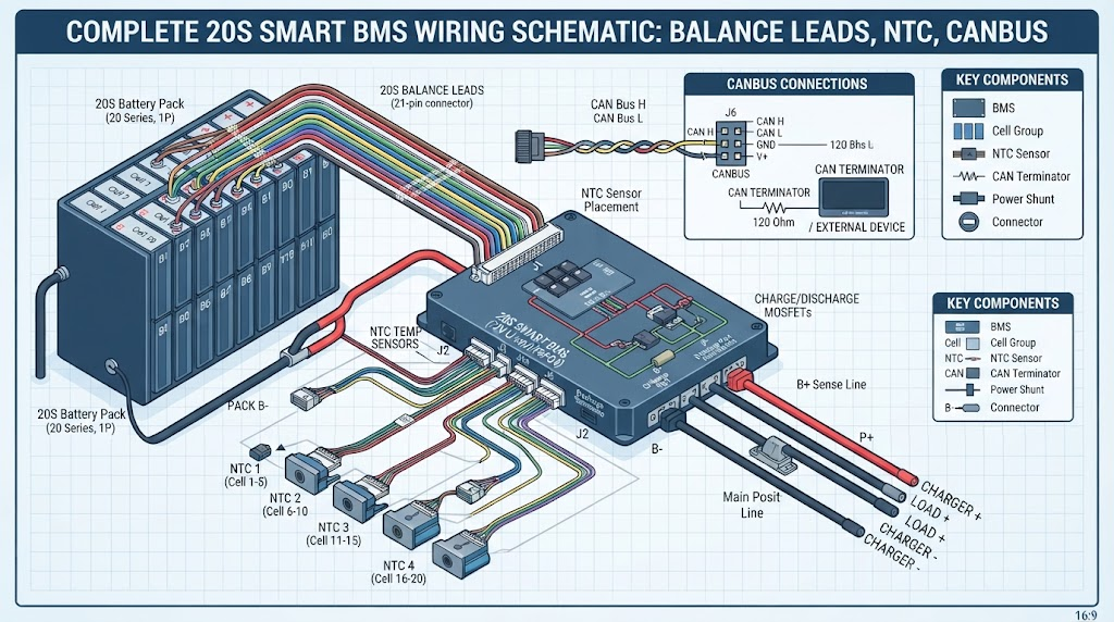 Complete 20S Smart BMS wiring schematic showing balance leads, NTC temp sensors, and CANBUS connections