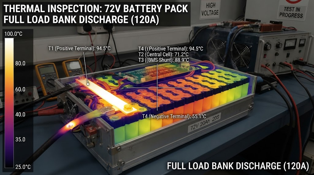 Calibrated thermal imaging camera inspection of a 72V battery under full load bank discharge