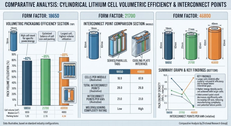 Volumetric packaging efficiency and interconnect point comparison across cylindrical lithium cell form factors.