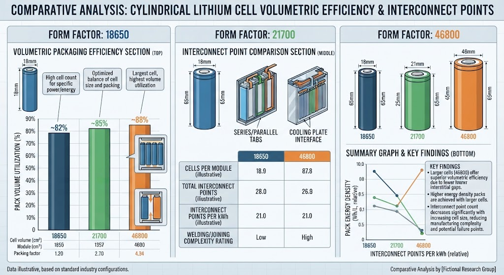 Volumetric packaging efficiency and interconnect point comparison across cylindrical lithium cell form factors.