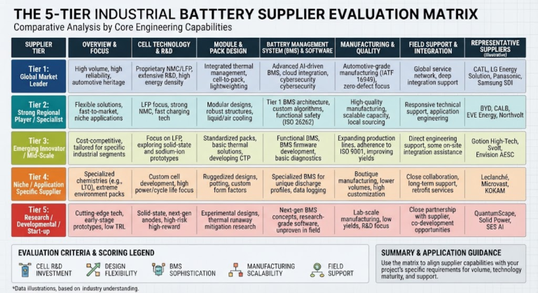 The 5-Tier Industrial Battery Supplier Evaluation Matrix comparing core engineering capabilities.