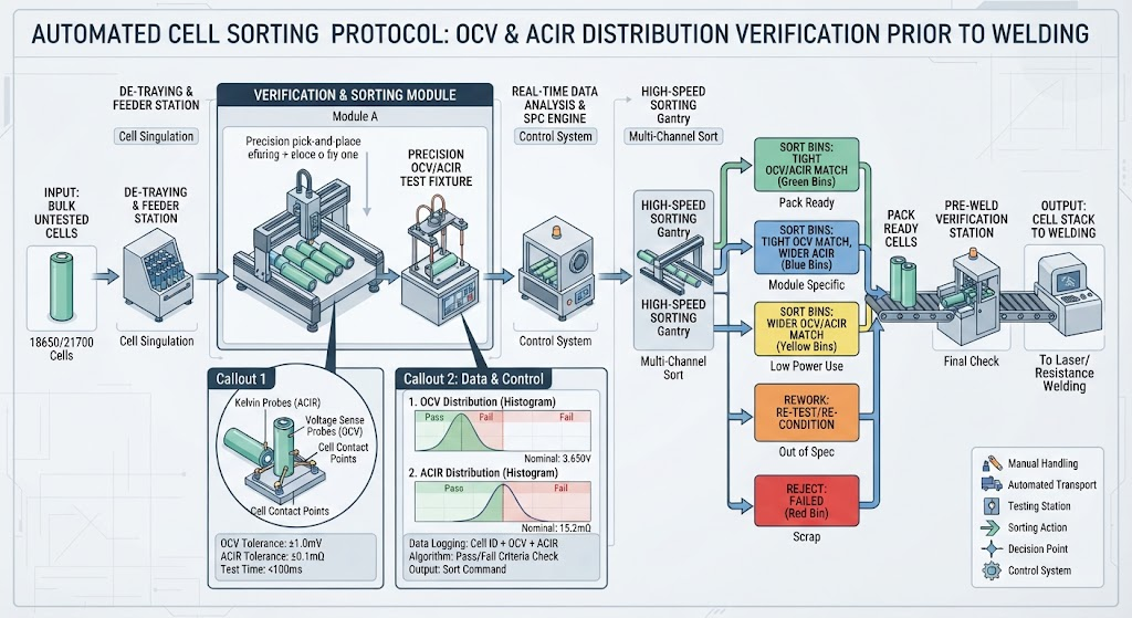 Automated cell sorting protocol verifying OCV and ACIR distribution prior to welding.