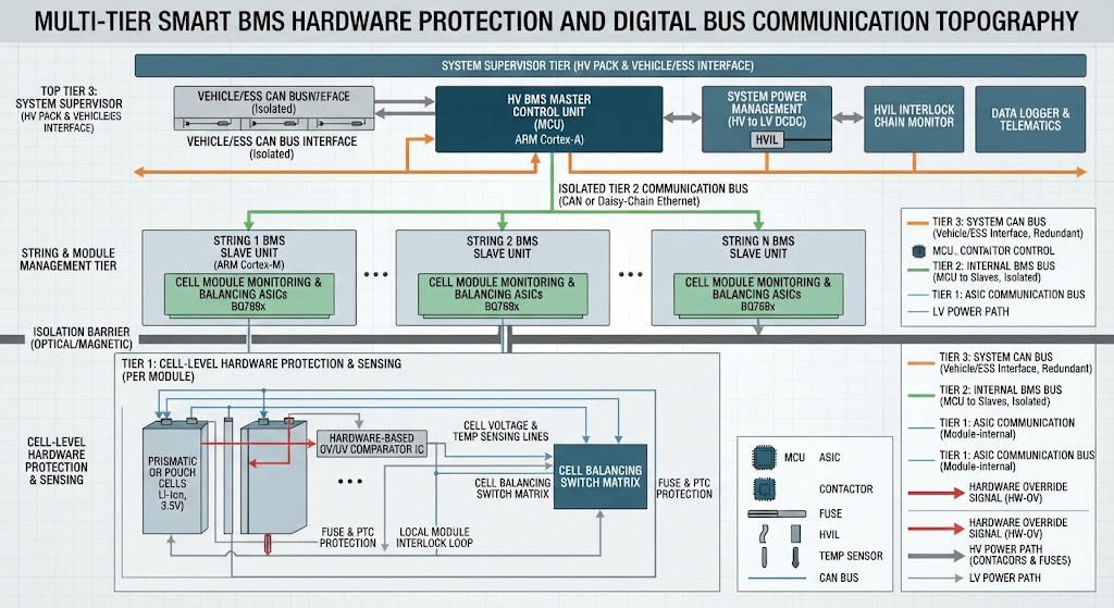 Multi-tier Smart BMS hardware protection and digital bus communication topography.