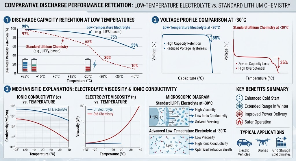 Discharge performance retention of low-temperature electrolyte vs standard lithium chemistry.