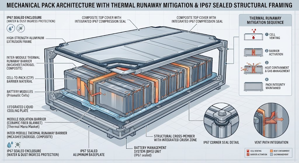 Mechanical pack architecture showing thermal runaway mitigation barriers and IP67 sealed structural framing.