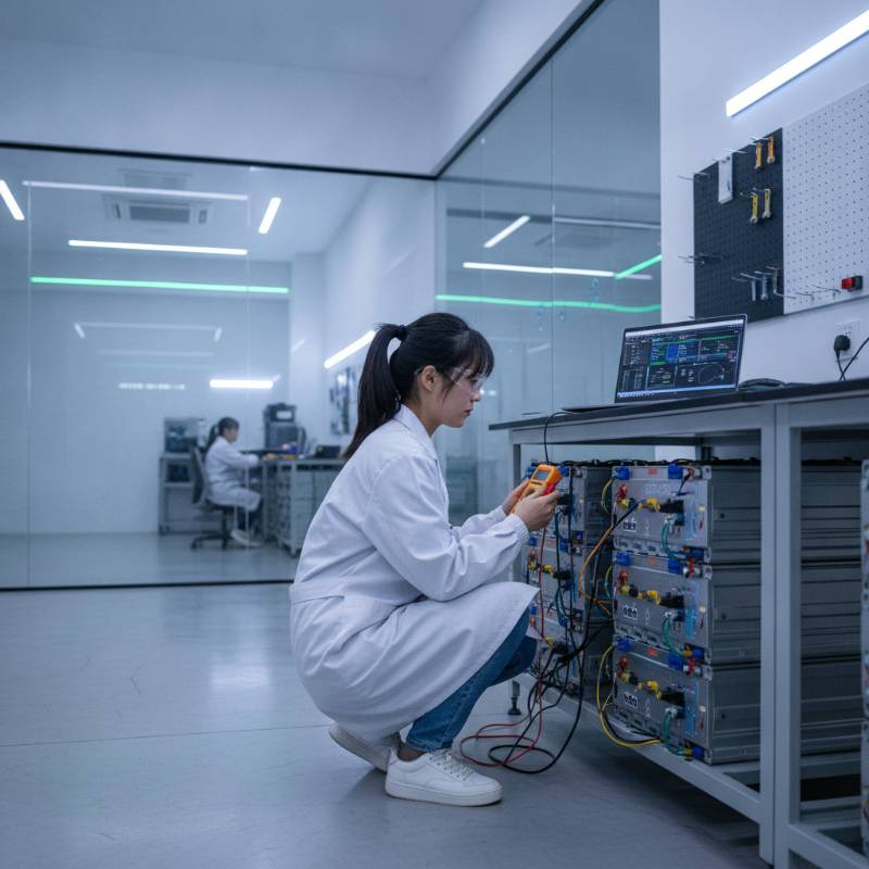 Technician testing repurposed electric vehicle batteries