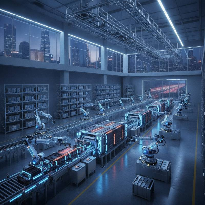 Industrial lithium battery warehouse with high-tech automated assembly lines