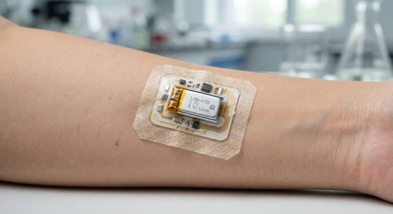 Close up of a micro medical battery for a wearable patch