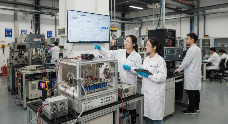A high-tech battery testing laboratory with engineers monitoring thermal safety tests on lithium-ion cells.