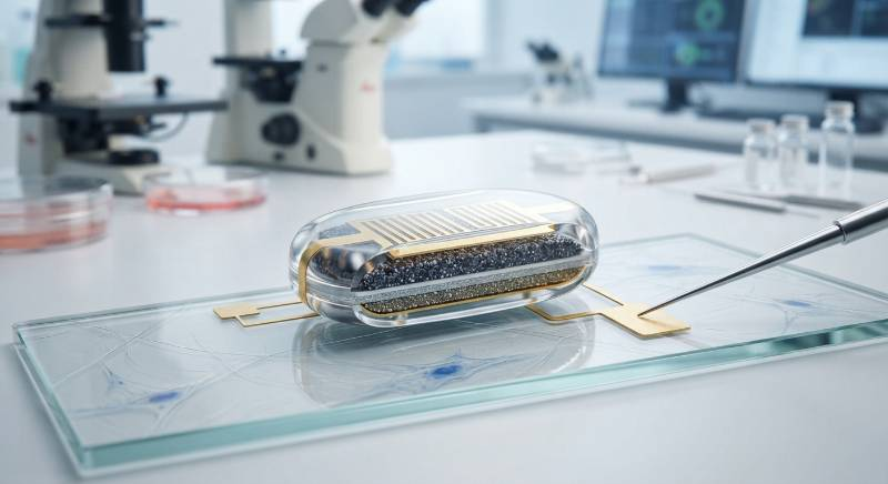 Microscopic view of a biocompatible solid-state battery for medical implants