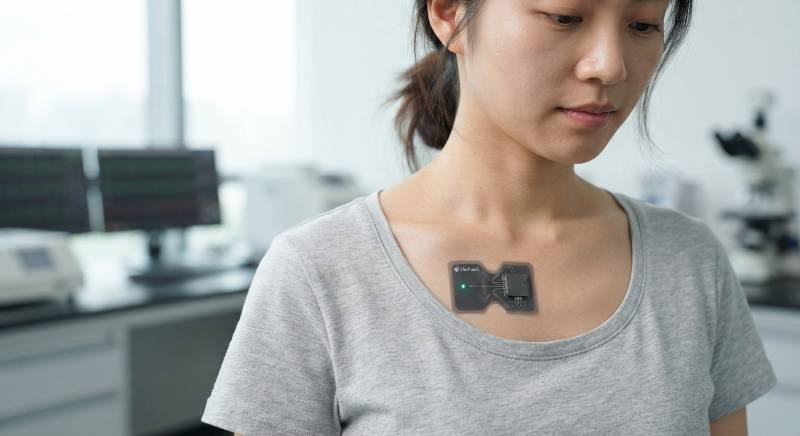 Close up of a flexible smart patch battery for cardiac monitoring