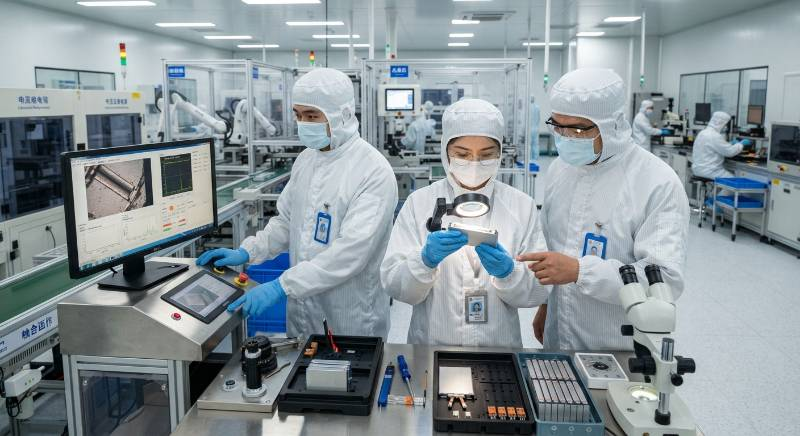 Engineers in clean room suits inspecting battery components