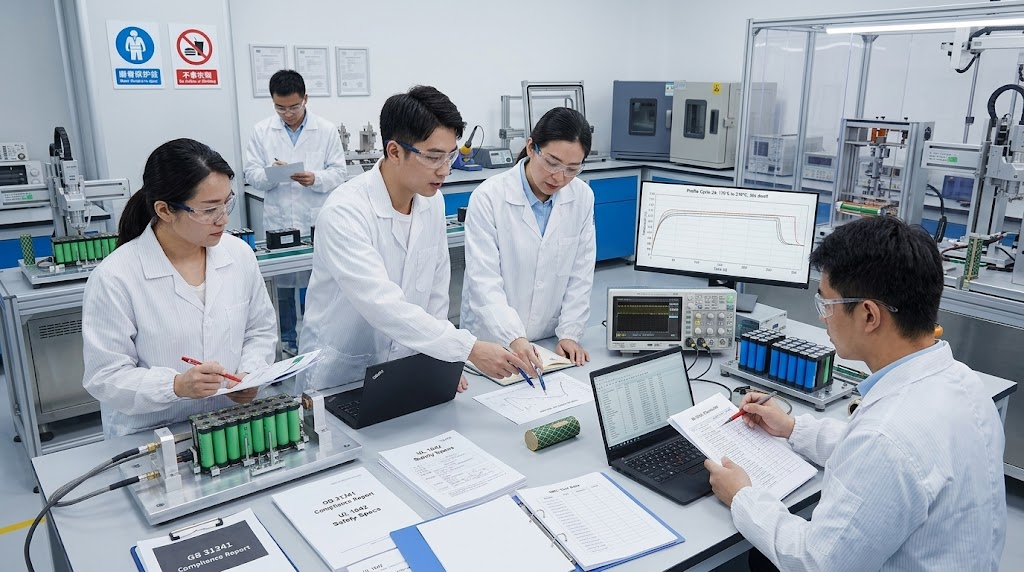 Engineers reviewing compliance documents in lab