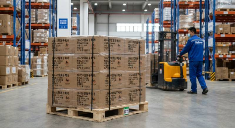 Warehouse pallet of 18650 batteries with industrial packaging
