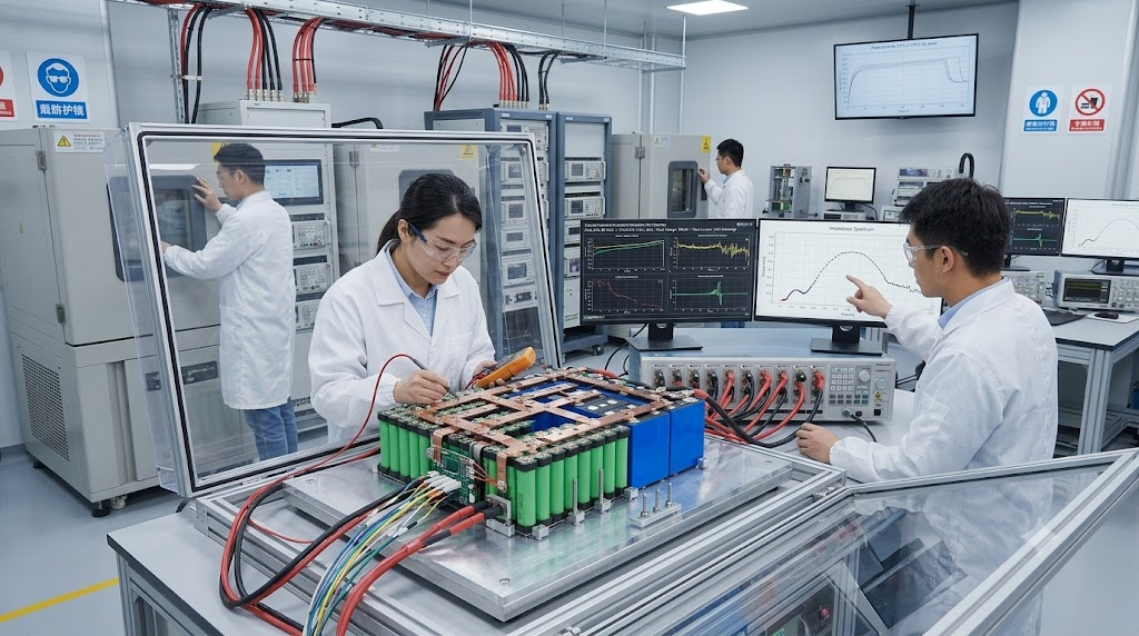 Battery pack undergoing electrical testing in laboratory