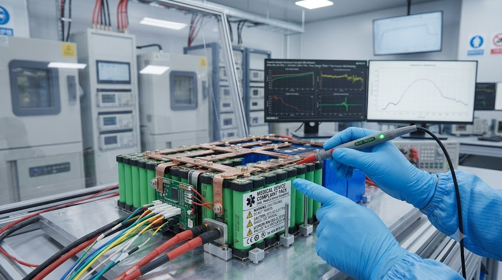 Close up of a custom medical battery pack with safety labels