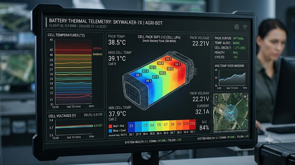 Advanced drone battery thermal telemetry display