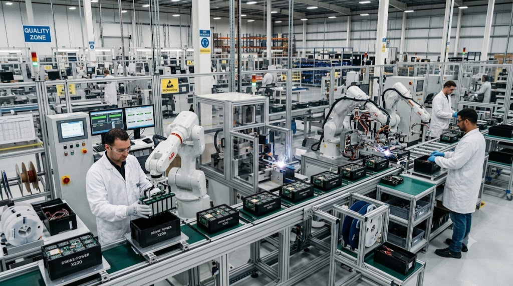 Drone battery manufacturing factory assembly line