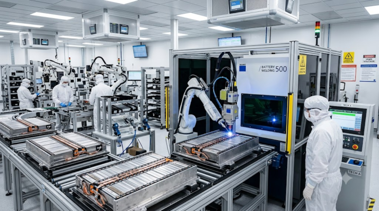 Industrial cleanroom battery pack assembly line with high tech welding machinery