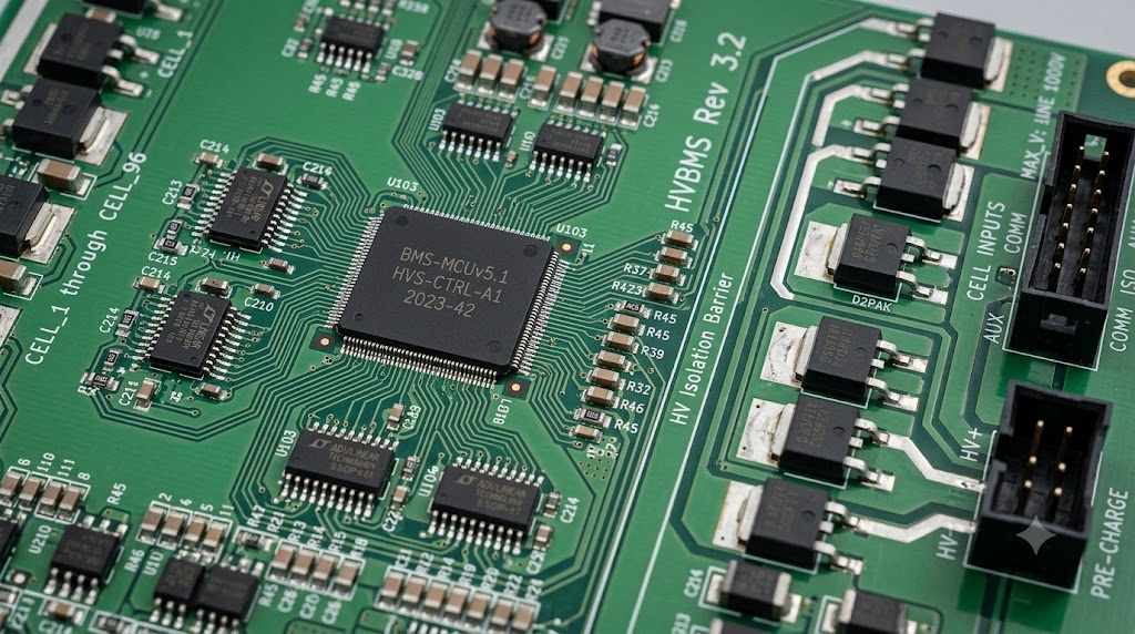 Close up of custom high voltage battery management system PCBA board with microchips