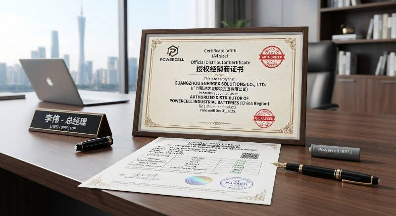Close-up of an official battery distributor certificate and quality report