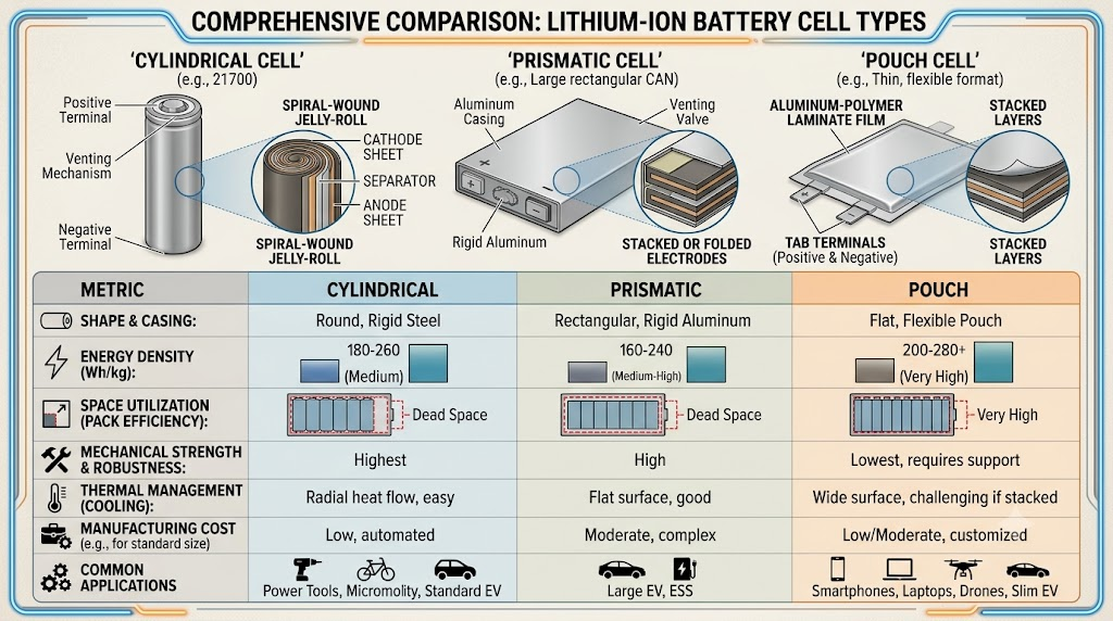 Cylindrical prismatic and pouch cells comparison