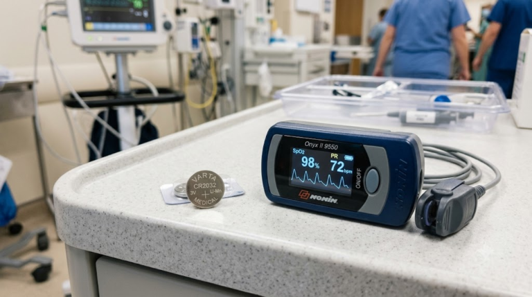 Micro medical button cell battery next to a clinical device.