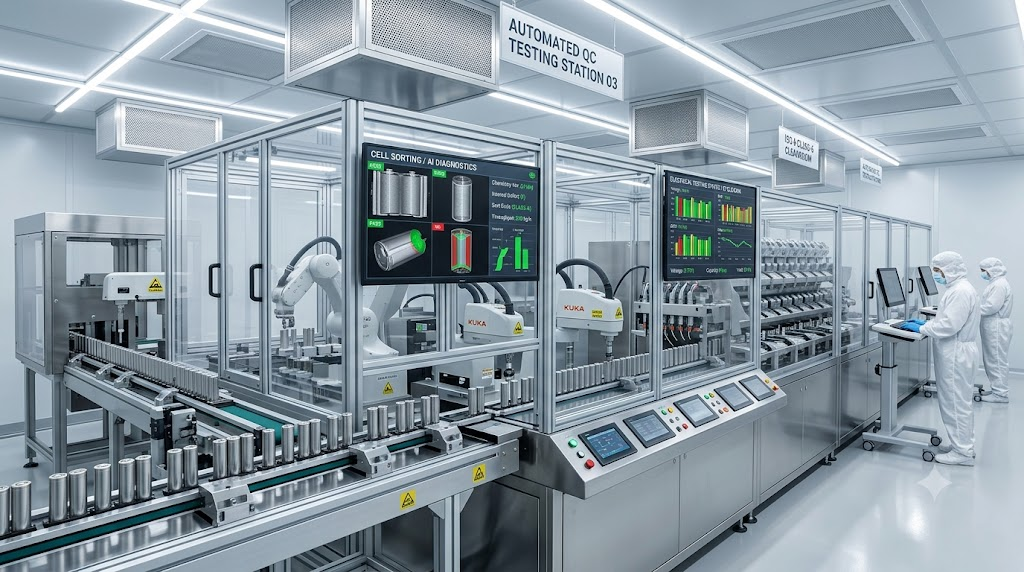 Automated battery quality control testing station in a cleanroom