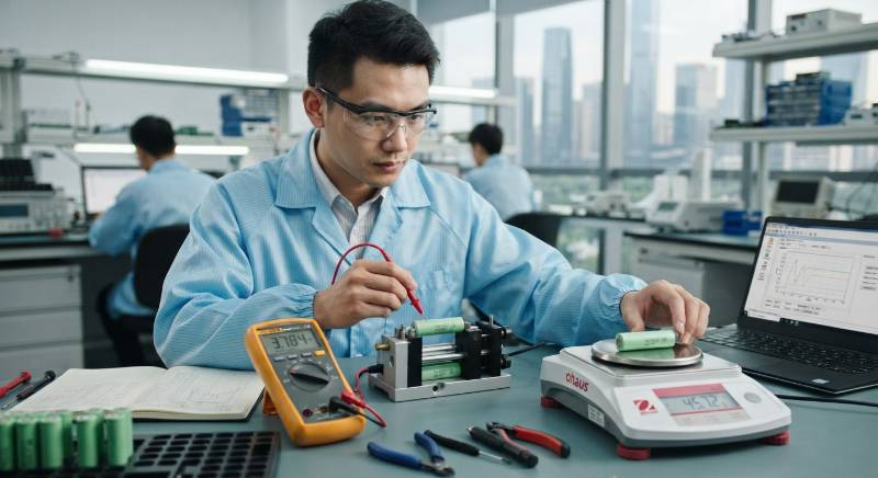 A technician using a digital multimeter and scale to test 18650 batteries