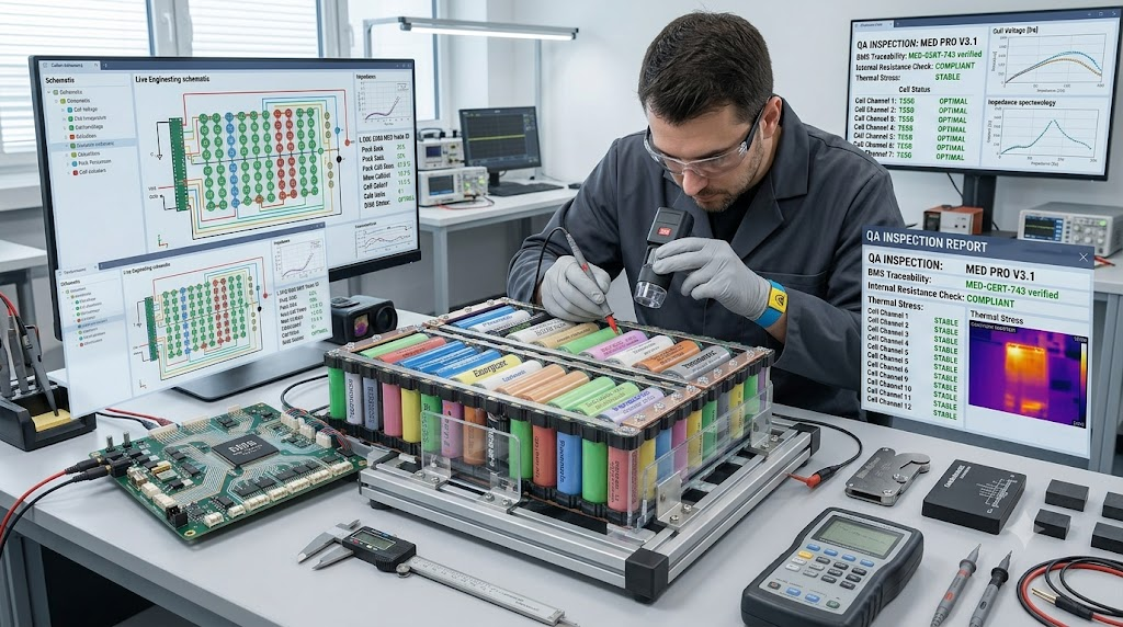 Quality assurance inspector checking battery components