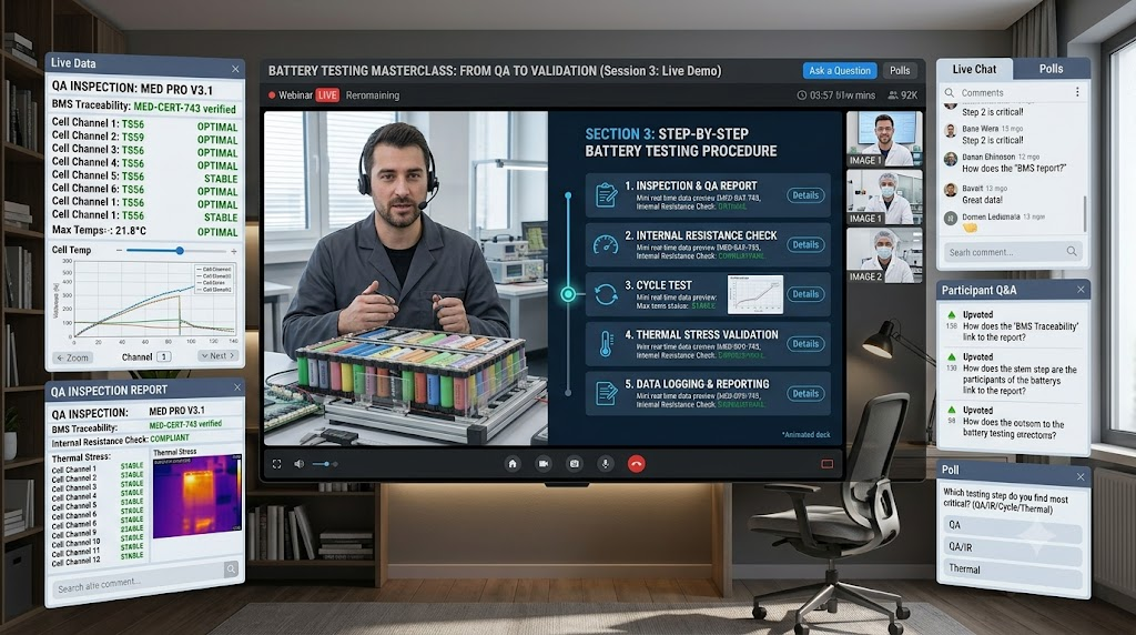 Interactive webinar interface showing battery testing steps